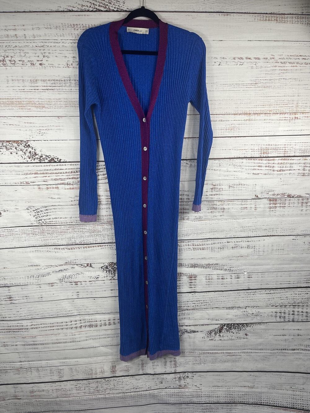 Zara Knit Dress Women's SZ L Blue Ribbed Button Front Maxi V Neck Metallic Lurex